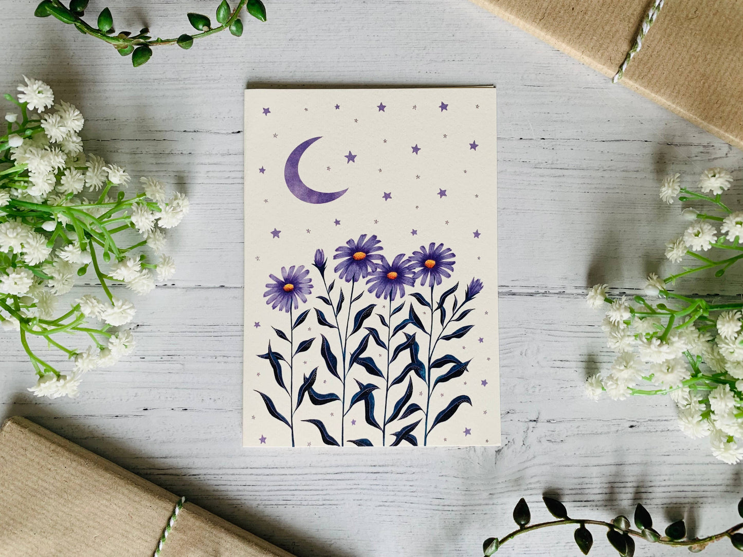 Aster and Moon Greeting Card