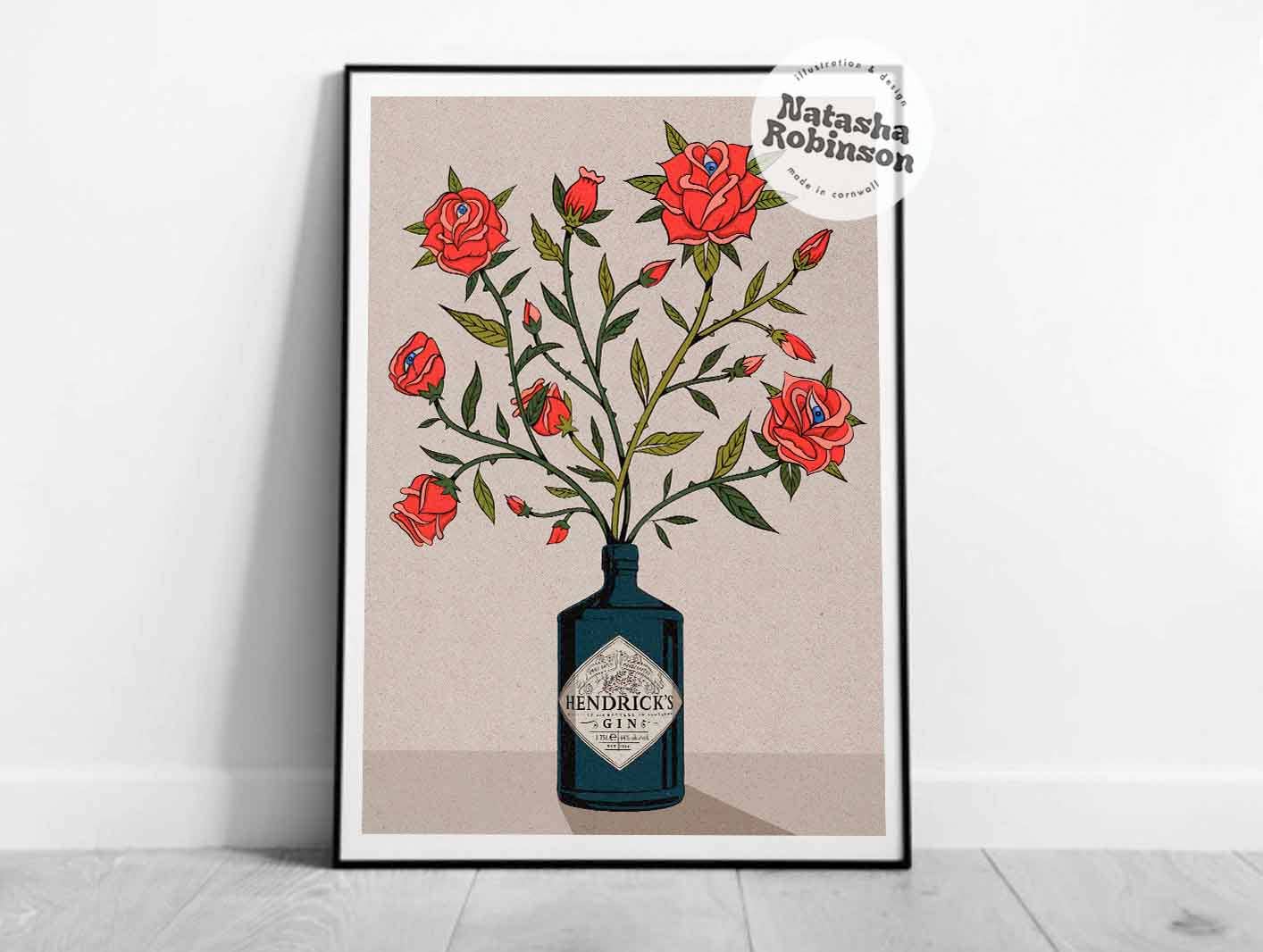 Roses & Hendricks Gin Flower Floral Gift Art Print in A4