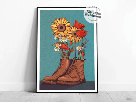 Wild Flower and Boots Illustration Art Print in A4