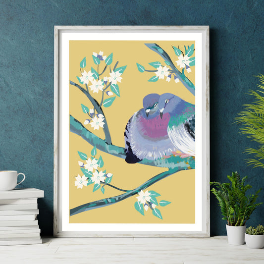 Bird Art - Pigeons and Blossoms