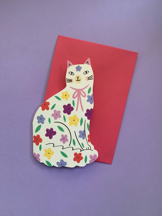 Sitting Kitty Floral Shaped Cat Greeting Card: No Text Floral